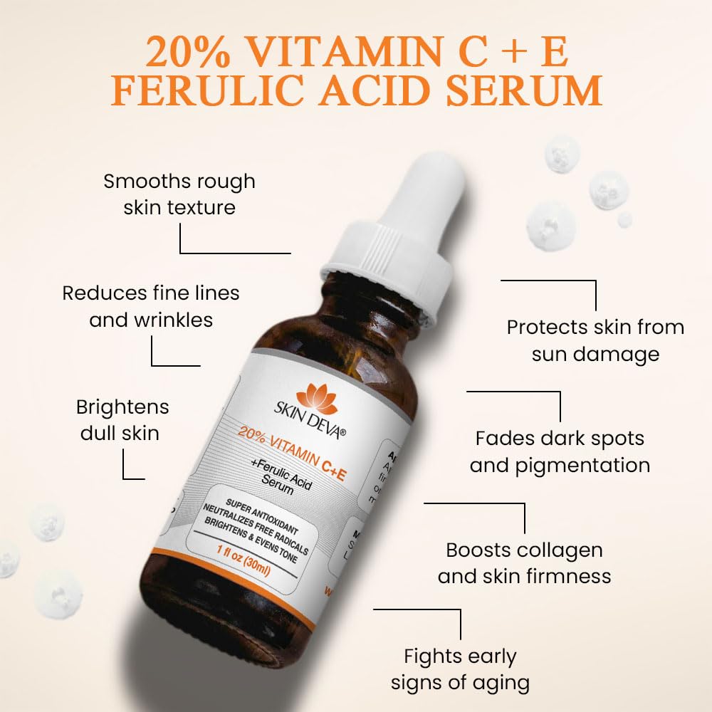 SKIN DEVA 20% Vitamin C Serum for Face with Vitamin E Plus Ferulic Acid Skincare Water Based 1 fl oz 30 ML Rejuvenates Skin to Fresh & Neutralizes Free Radicals to Brighten Even Vitamin Serum