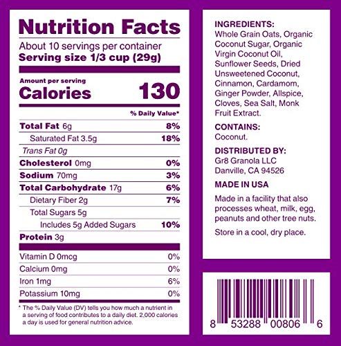 gr8nola CINNAMON CHAI - Healthy, Low Sugar, Vegan Granola Cereal - Made with Superfoods Cinnamon, Ginger and Cardamom, Soy Free, Dairy Free and No Refined Sugar - 10oz Resealable Bag