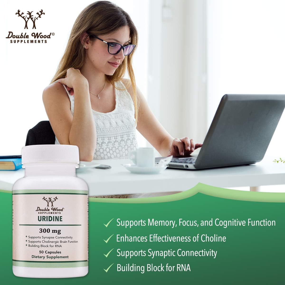 Uridine Monophosphate - Third Party Tested (Choline Enhancer, Beginner Nootropic) (300mg, 60 Capsules) Synergy with Alpha GPC Choline for Brain Health and Memory by Double Wood