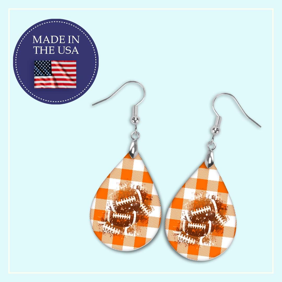 Football Earrings Orange & White Checkerboard Plaid Dangle Teardrop MDF Sports School Team Spirit Fan Jewelry Gift for Women Handmade by The Painted Pug (Orange Checkerboard)