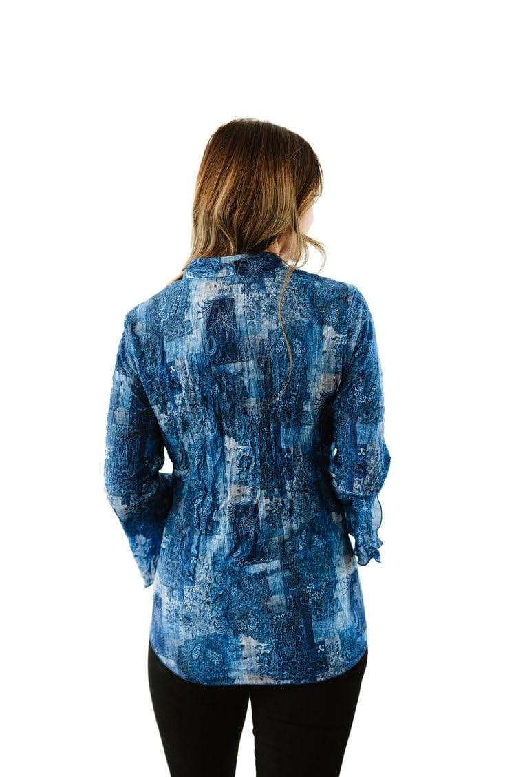 SNO SKINS Spring/Summer Collection Designer Print Crinkle Sweetheart Top with Stand Collar (Denim Love)
