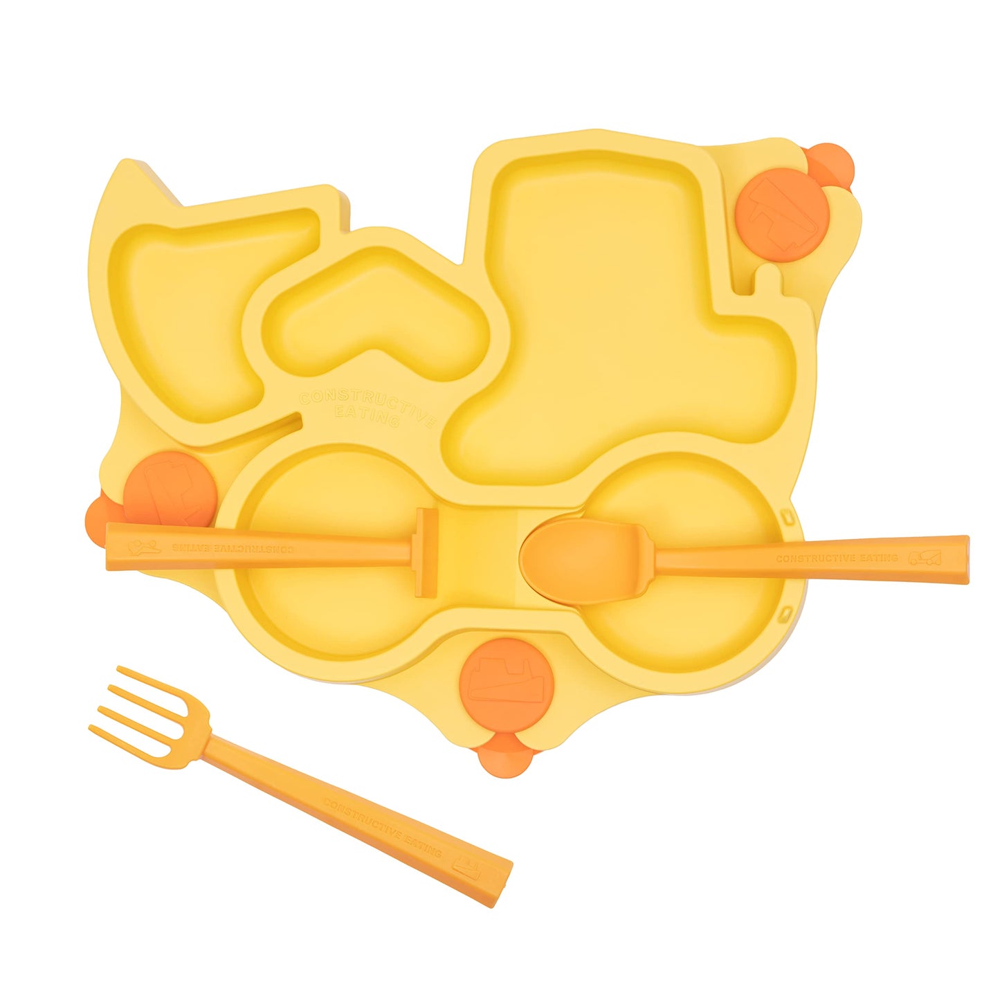 Constructive Eating Plate Made in USA | Constructive Baby | Kids Dinnerware Set, Yellow Truck Plate | Divided Suction Plates for Toddlers – Made with Materials Tested for Safety