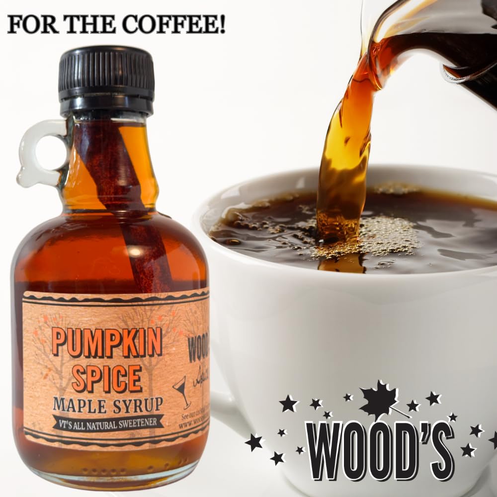 WOOD'S Pumpkin Spice Maple Syrup – Small-Batch Vermont Maple Syrup Infused with Cozy Fall Spices | Natural, Vegan Sweetener for Coffee, Pancakes, Baking & More | 8.45 Fl Oz (250mL)