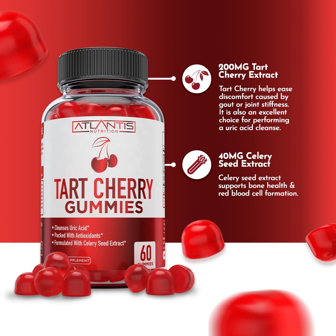 Atlantis Nutrition Tart Cherry Gummies with Celery Seed Extract - Advanced Uric Acid Cleanse for Immediate Gout Relief, Joint Relief & Recovery | Powerful Antioxidant with Joint Support - 60 Gummies