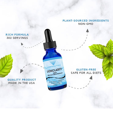 Absonutrix LionClarity Dmae with Lions Mane Mushroom Liquid, 390 mg, 4 FL Oz Liquid, 302 Servings, Made in USA, Plant-Based Ingredients, DMAE, Lion’s Mane, Huperzine A, Green Tea Extract, Non-GMO