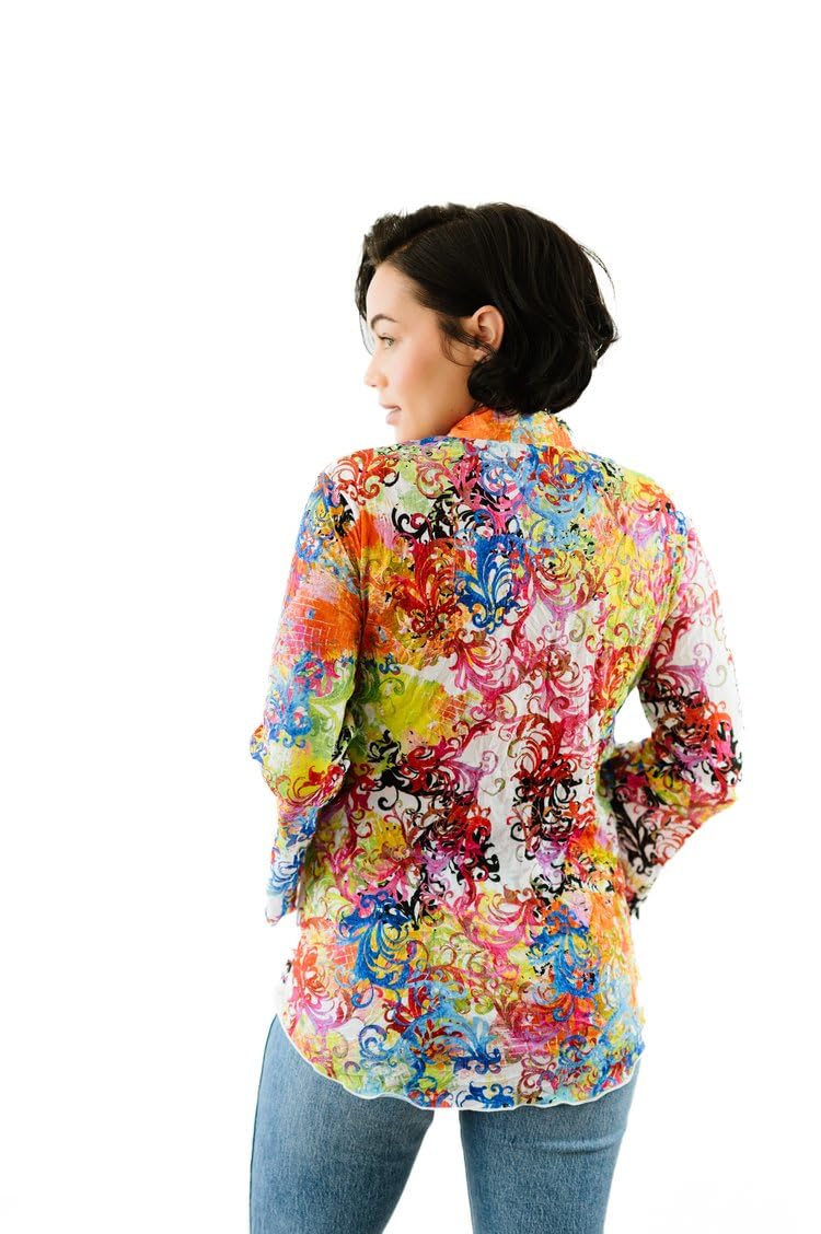 SNO SKINS Spring/Summer Collection Designer Print Crinkle Sweetheart Top with Stand Collar (Antiquity)