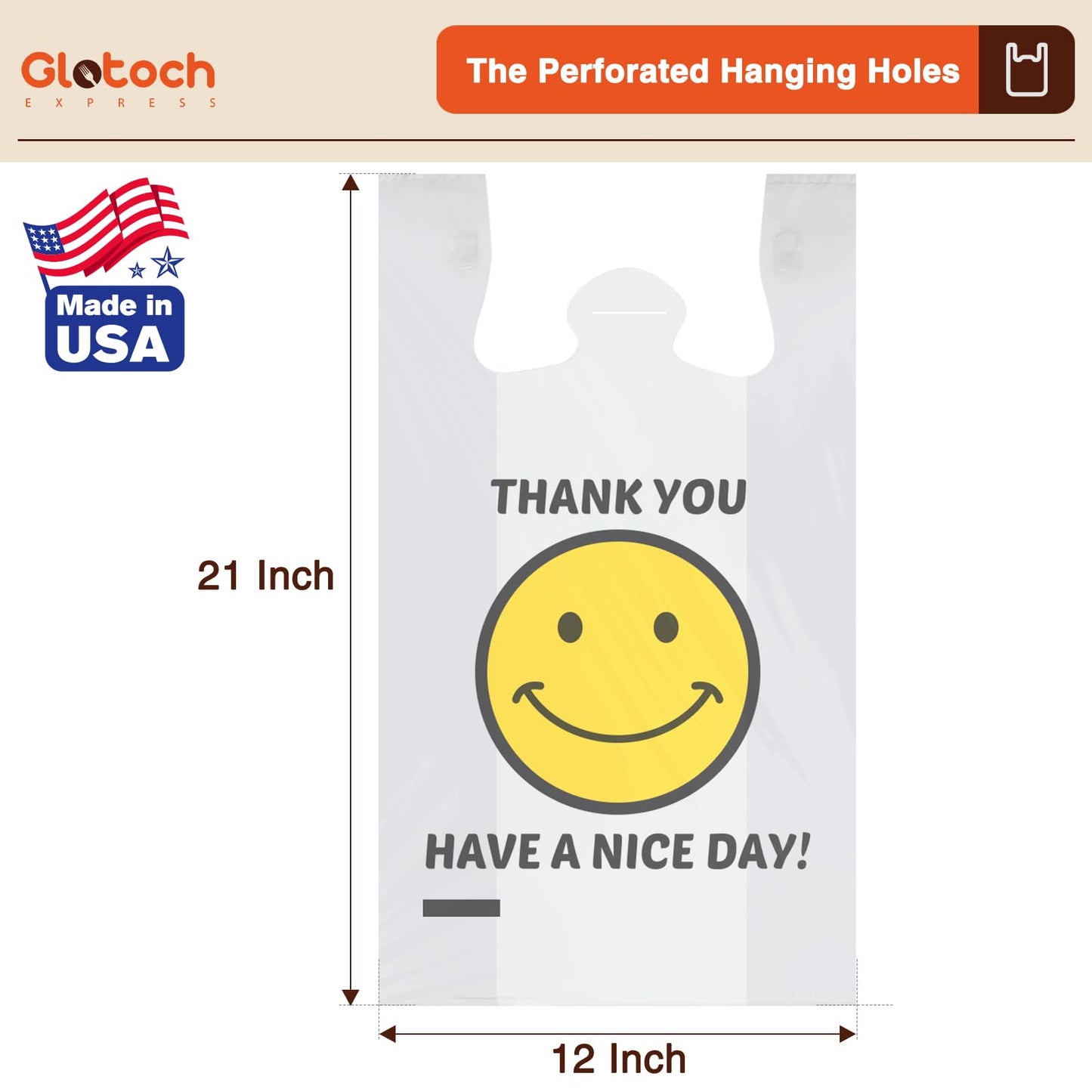 Glotoch 1000 Count - Plastic Thank You T-shirt Bags Smile Face White, 11.5 x 6.5"x 21" Grocery Bags with Handles for Restaurant, Retail, Grocery Store, Takeout, Convenience Stores, Shopping Bag in Bulk