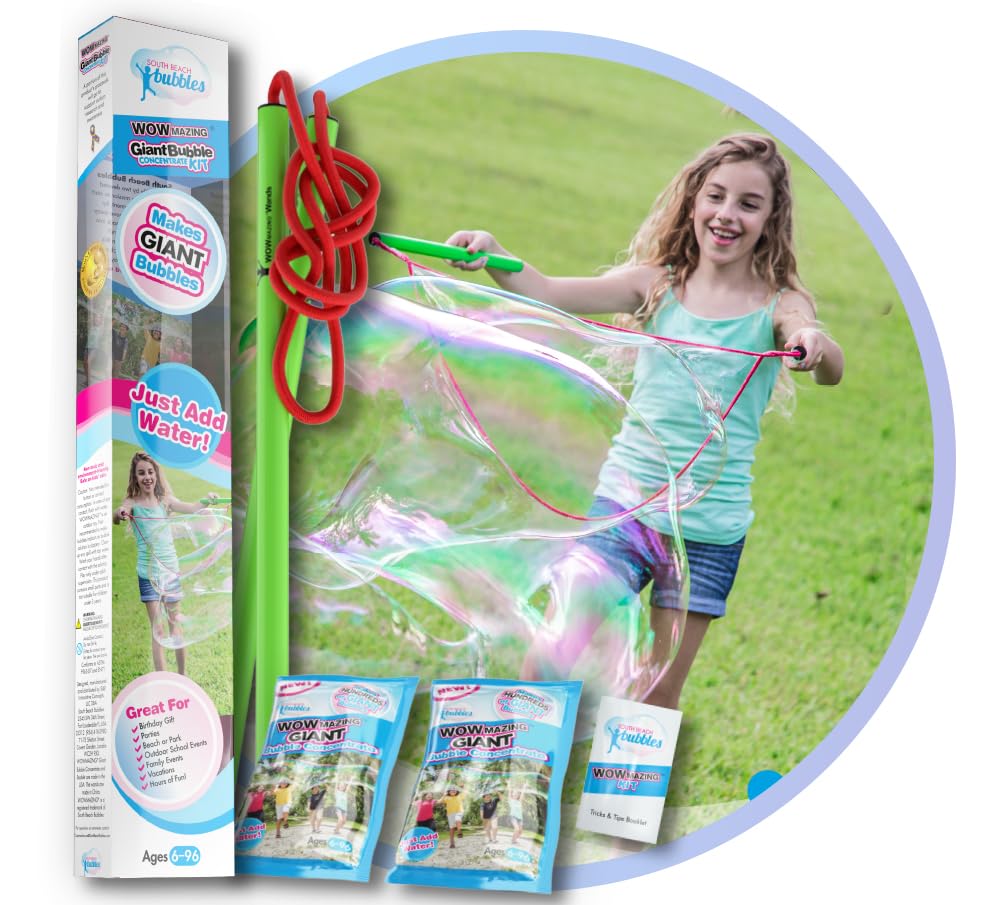 WOWmazing Giant Bubble Wands Kit: (4-Piece Set) | Incl. Wand, Big Bubble Concentrate and Tips & Trick Booklet | Outdoor Toy for Kids, Boys, Girls | Bubbles Made in The USA