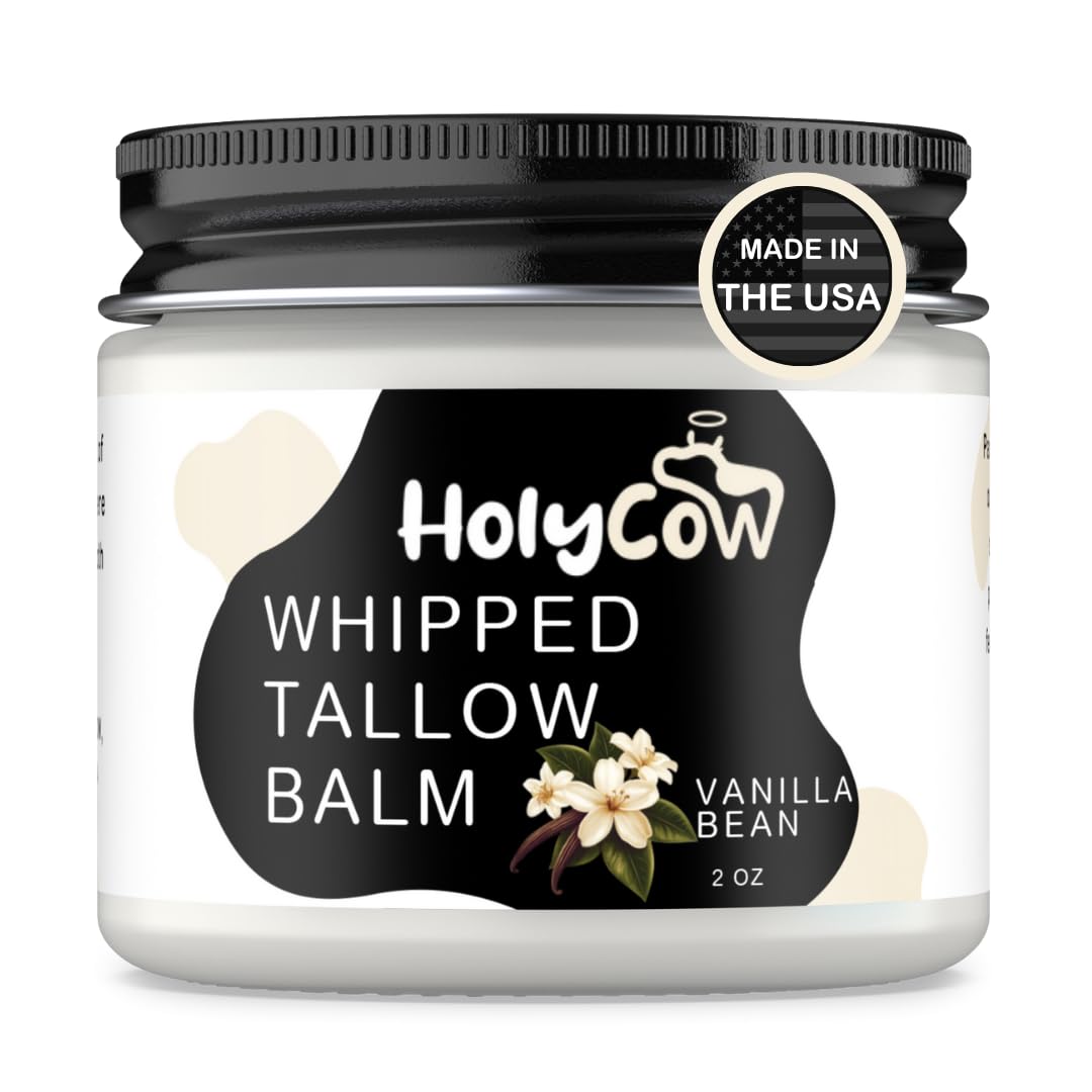HolyCow Beef Tallow For Skin - Whipped Tallow Balm with Organic Jojoba Oil, Grass Fed Beef Tallow Face Moisturizer for Eczema, Baby, Lip Balm - Lotion For Extremely Dry Skin (Vanilla Bean)