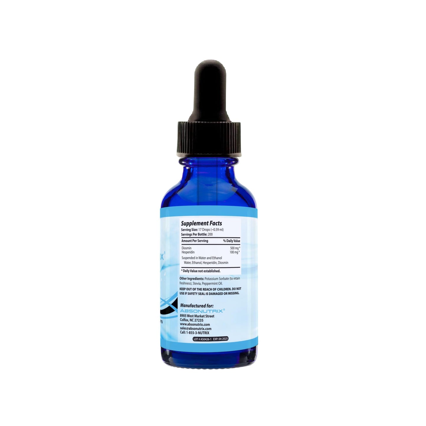 Absonutrix Hesperidin and Diosmin Liquid Drops,593mg 4Oz,Easy Absorption,Helps Improve Mobility,Supports Circulation, Made in USA,Non-GMO,Gluten-Free,GMP-Certified.