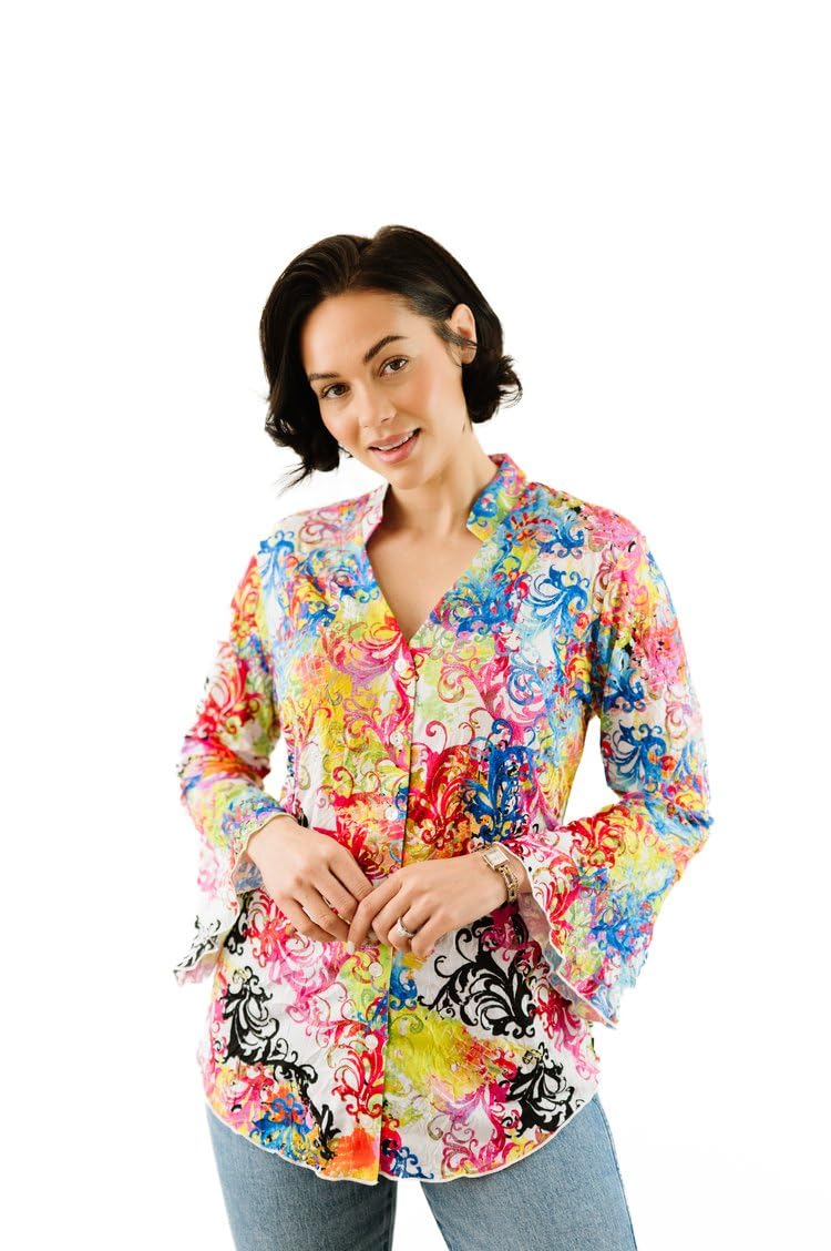 SNO SKINS Spring/Summer Collection Designer Print Crinkle Sweetheart Top with Stand Collar (Antiquity)