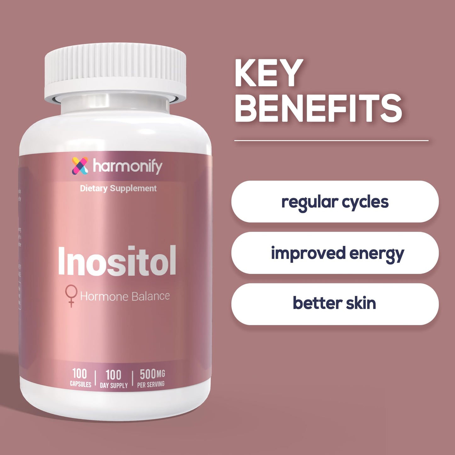 HARMONIFY Inositol Supplement 500mg – Balance Support – 100 Capsules | Myo-Inositol Supplement for Women’s Reproductive Health, Mood&Ovarian Support | Non-GMO, Vegan-Friendly