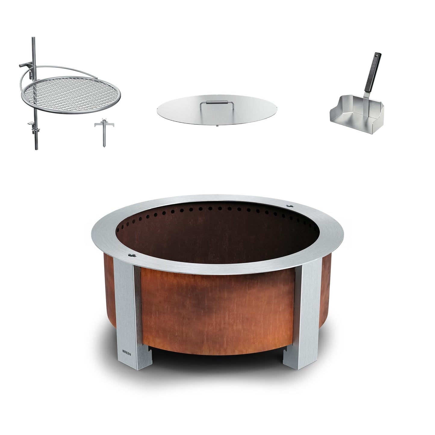 Breeo Smokeless FIrePit Grilling Bundle (X Series 24 Corten Steel, Outpost Grill, Ash Shovel, & Lid) | 27.5 inch Smokeless Fire Pit for Outside | Ideal for Families
