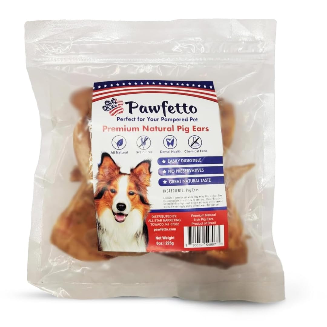 Pawfetto Premium Natural Whole Pig Ears, Easily Digestible Non-Rawhide Dog Chews, Long-Lasting Treats, Snacks for Dogs (Pack of 6)