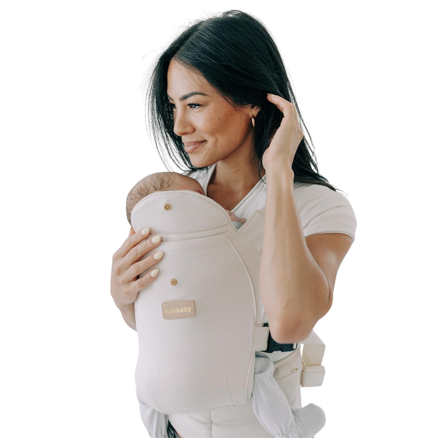 Tushbaby Pearl Newborn Carrier – Ergonomic Wrap for Newborns 8-20 lbs – Hands-Free Baby Carrier with Storage, Bottle Holder & Wipe Attachment – Soft, Breathable Fabric & Adjustable Fit - Cream