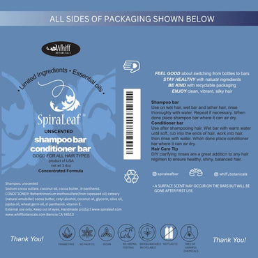 SPIRALEAF Solid Shampoo Bar & Conditioner Bar Set, UNSCENTED, Limited Ingredients, Concentrated Formula, Fragrance-Free, Dye-Free, Premium Hair Care and Shave Bars