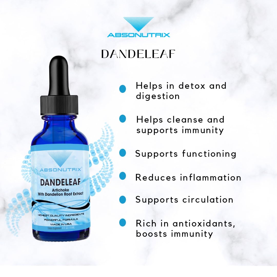 Absonutrix DandeLeaf, 390 mg, 4 FL OZ Liquid, 302 Servings, Made in USA, Potent Plant-Based Ingredients, Artichoke Leaf, Dandelion Root Extract, Gluten-Free, Non-GMO, GMP Certified