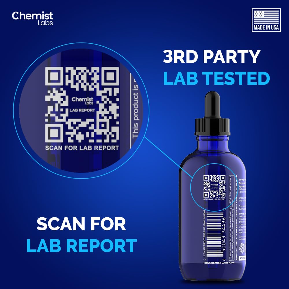 Chemist Labs Methylene Blue – 1% Solution | 99.99% USP-Grade Liquid Drops – Antioxidant for Mitochondrial & Cellular Support – 4oz (120ml) – Formaldehyde-Free – Made in USA