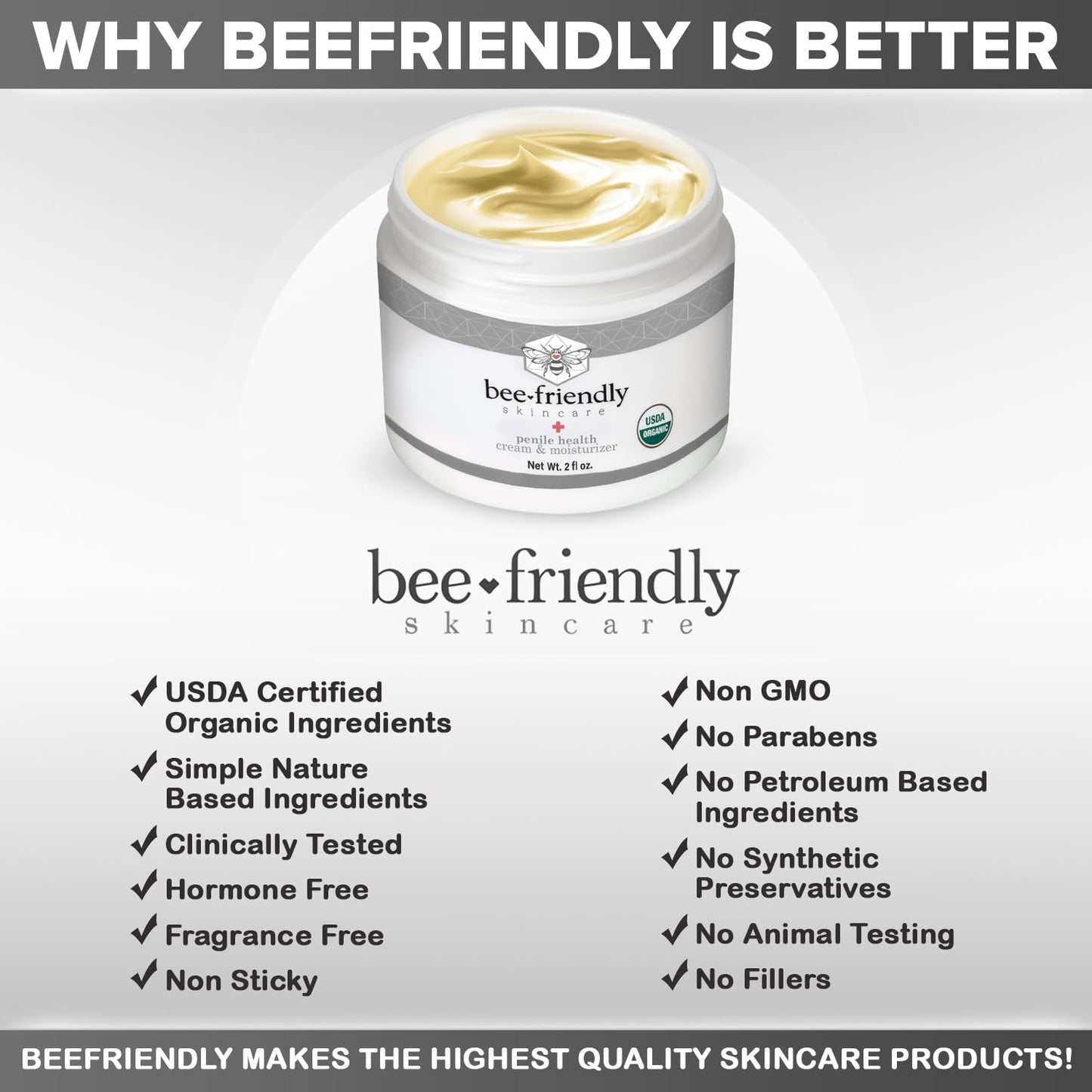 BeeFriendly Organic Penile Health Creme, USDA Certified Cream, Natural Moisturizer Aids With Dry, Chafed, Itchy, Irritated & Sensitive Male Skin 2 oz