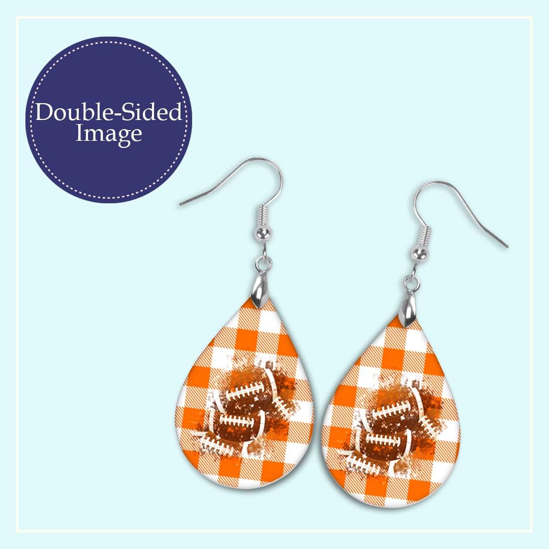 Football Earrings Orange & White Checkerboard Plaid Dangle Teardrop MDF Sports School Team Spirit Fan Jewelry Gift for Women Handmade by The Painted Pug (Orange Checkerboard)
