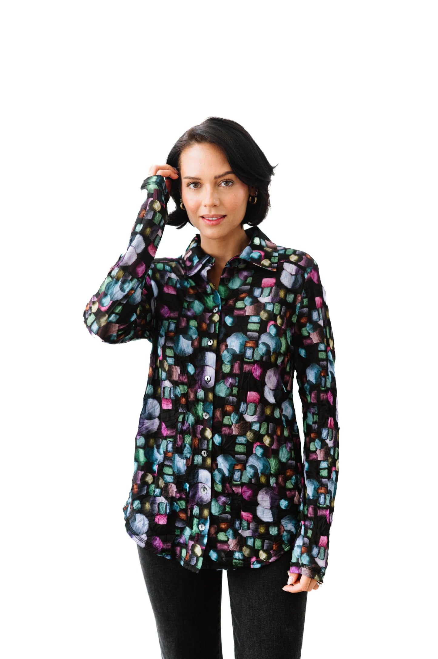 SNO SKINS Fall/Winter Collection Designer Print Crinkle Button-Down Shirt (Galaxy)