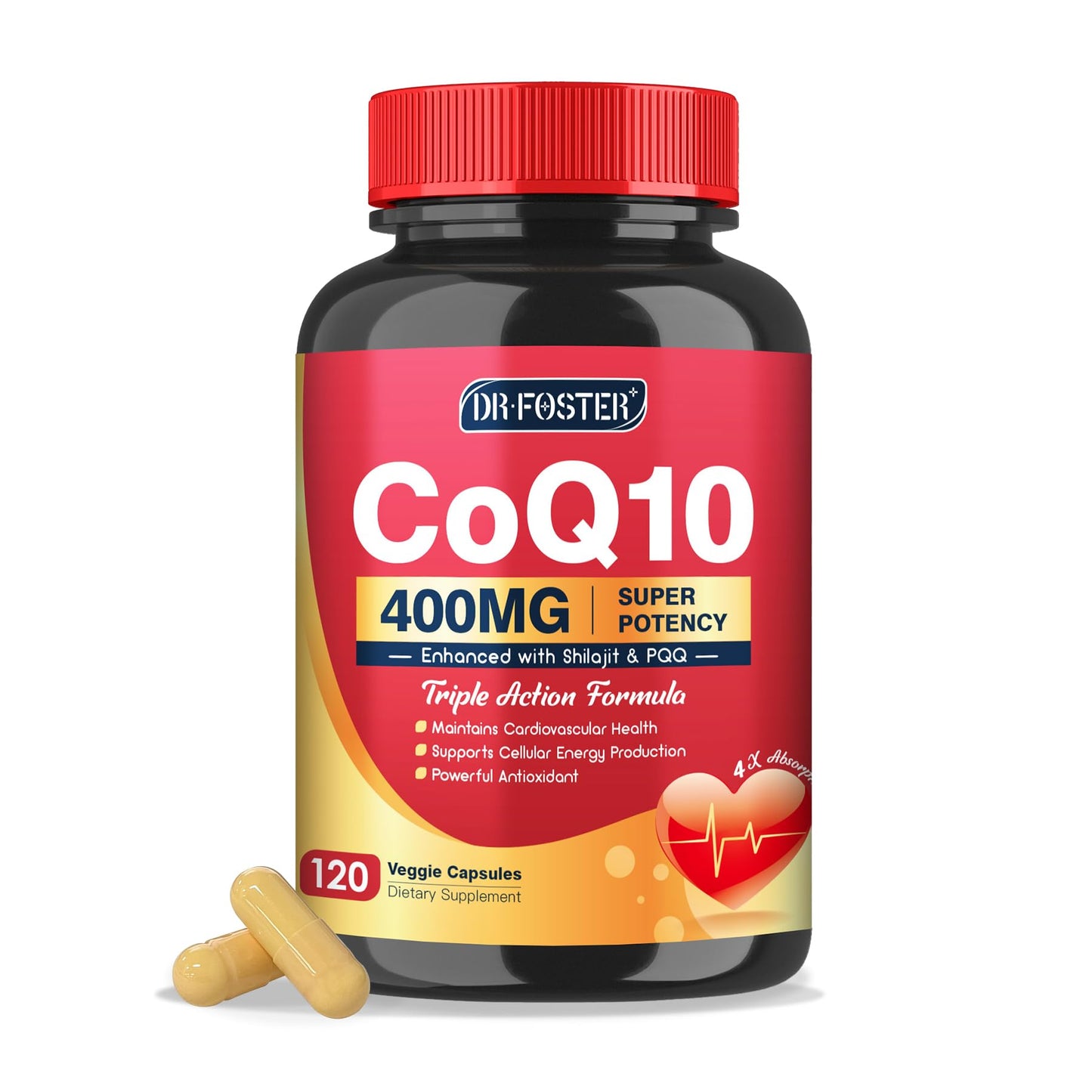 DRFOSTER CoQ10 400mg-High Absorption Coenzyme Q10 Supplements with PQQ, Shilajit & Vitamin E, Powerful Antioxidant for Heart & Brain Health and Energy-Production 120 Veggie Capsules