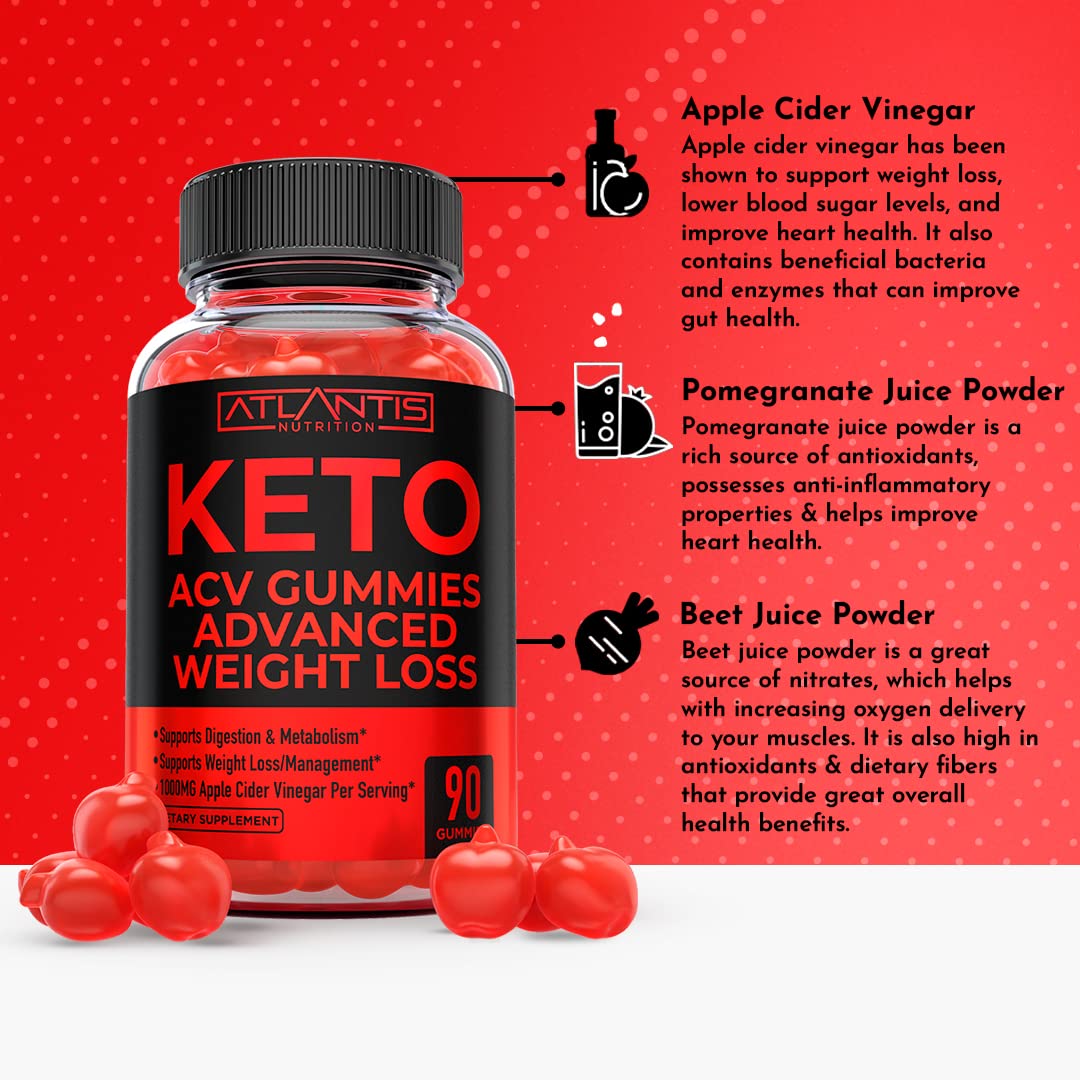 Atlantis Nutrition Keto ACV Gummies for Weight Loss - Supports Digestion, Weight Loss, Detox & Cleansing - Apple Cider Vinegar Gummies Formulated with 1000MG ACV Per Serving - 90 Count
