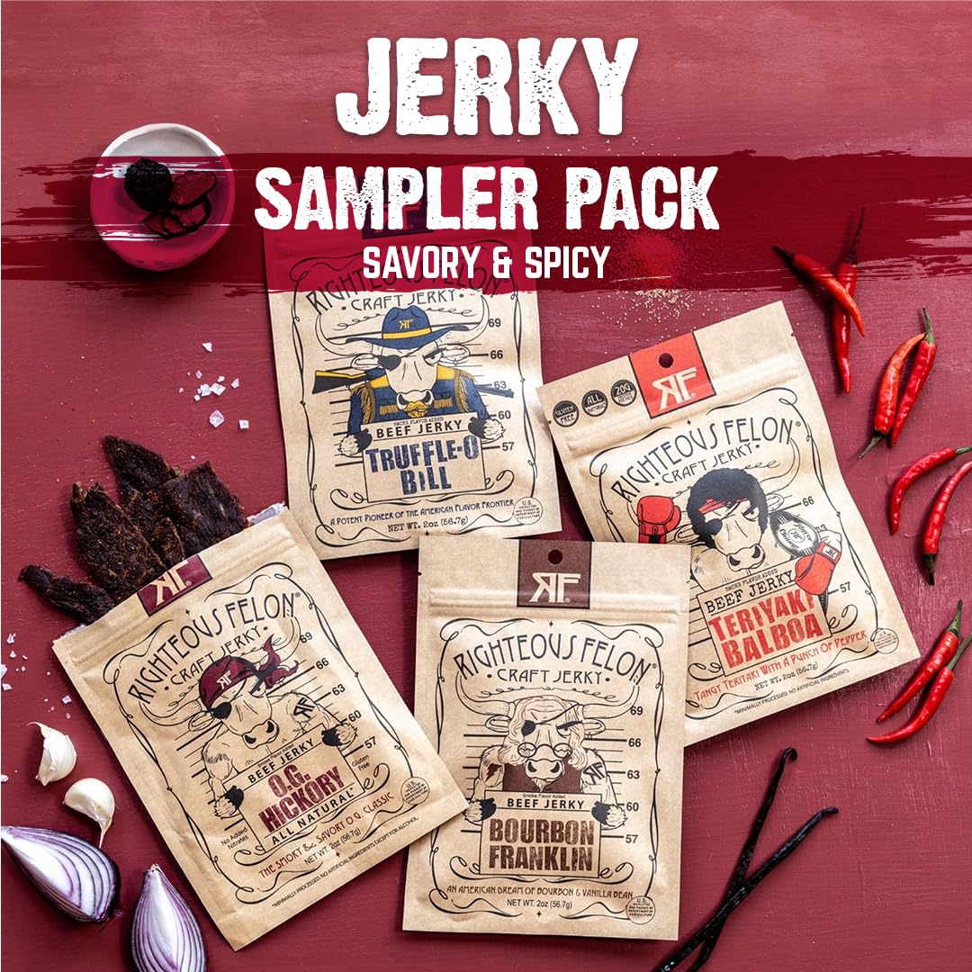 Righteous Felon Beef Jerky | All-Natural Jerky - Locally Sourced & Dried Beef Jerky - Low-Sugar Healthy Jerky Snacks (Sampler Pack)