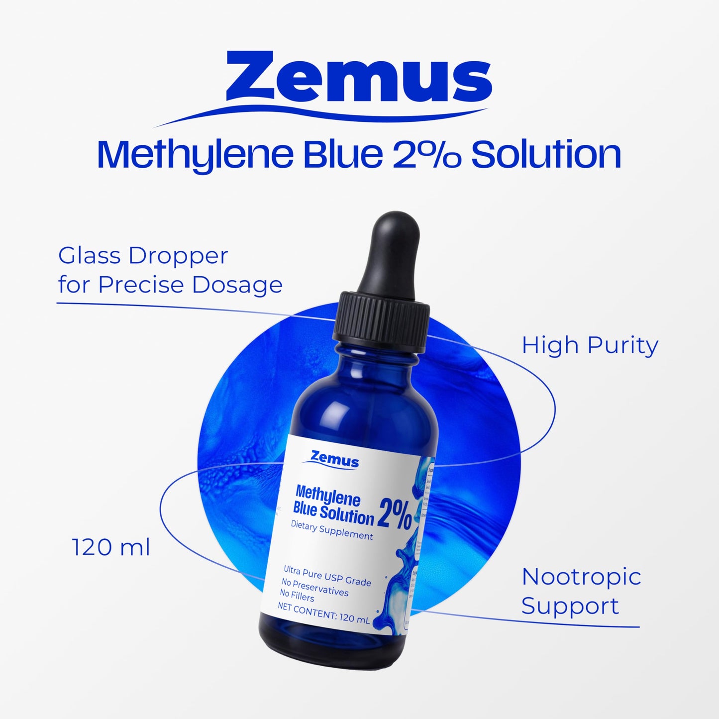 Zemus Methylene Blue 2% – 120 ML (4.06 fl oz) - 120 Day Supply - Nootropic Supplement – Ultra Pure USP Grade, – Made in USA, No Preservatives, Non-Therapeutic, Lab-Tested