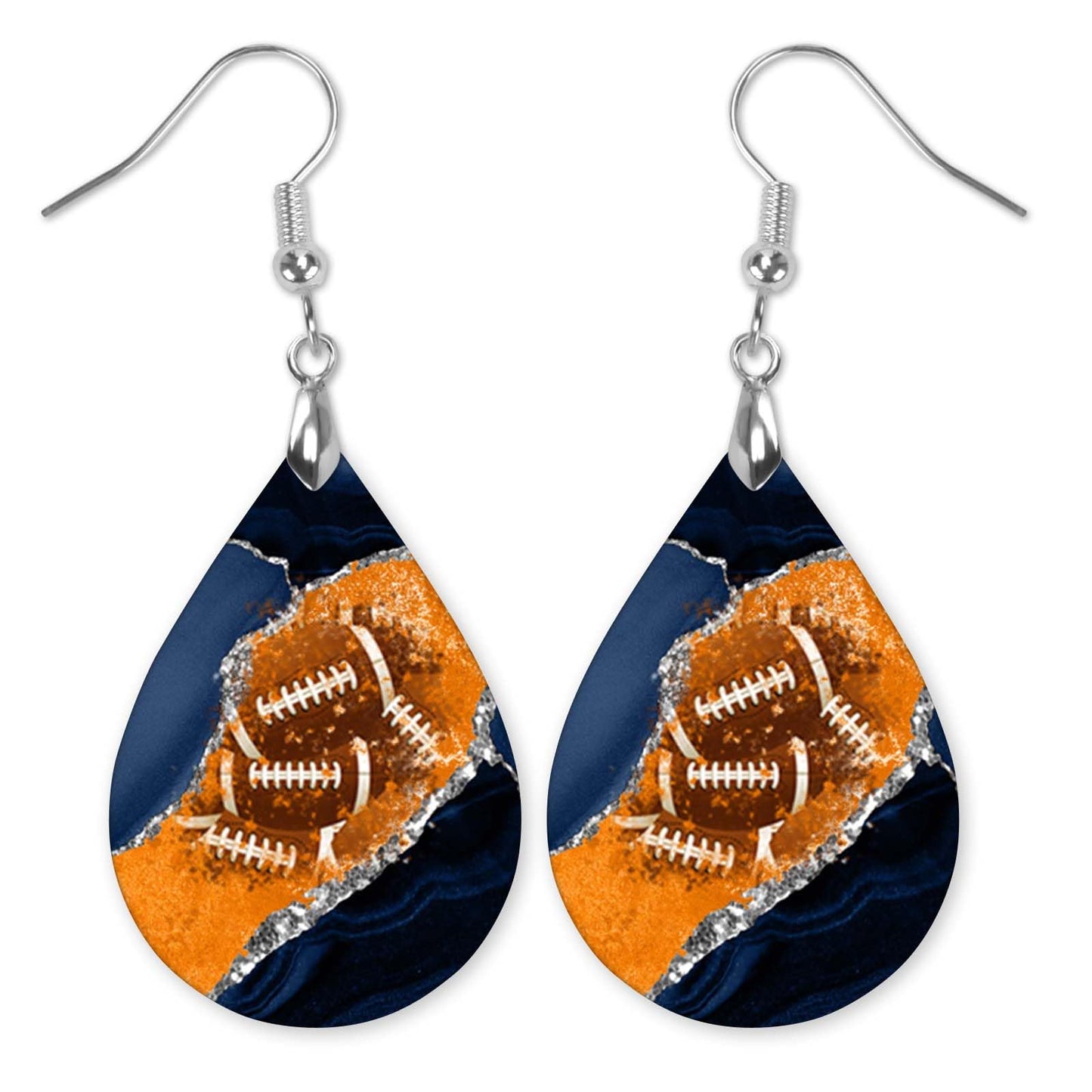 Football Earrings Blue and Orange Dangle Dangling Teardrop MDF Wood Sports School Team Spirit Fan Jewelry for Women Handmade (Navy & Orange)