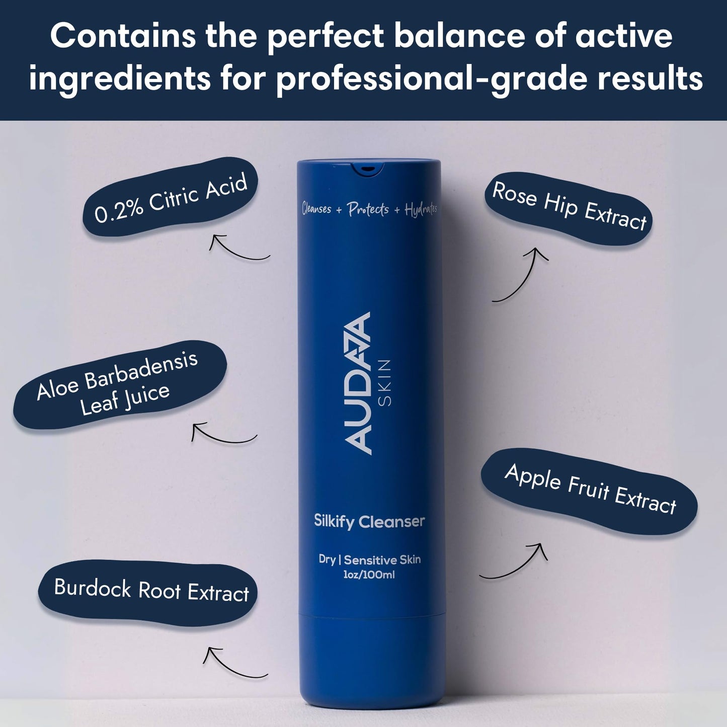AUDAJA Silkify Cleanser for Dry & Sensitive Skin – Aloe Vera, Apple Stem Cell, Burdock Root & 0.2% Citric Acid – Hydrating, Soothing, Professional-Grade Face Wash – Made in USA, Cruelty-Free