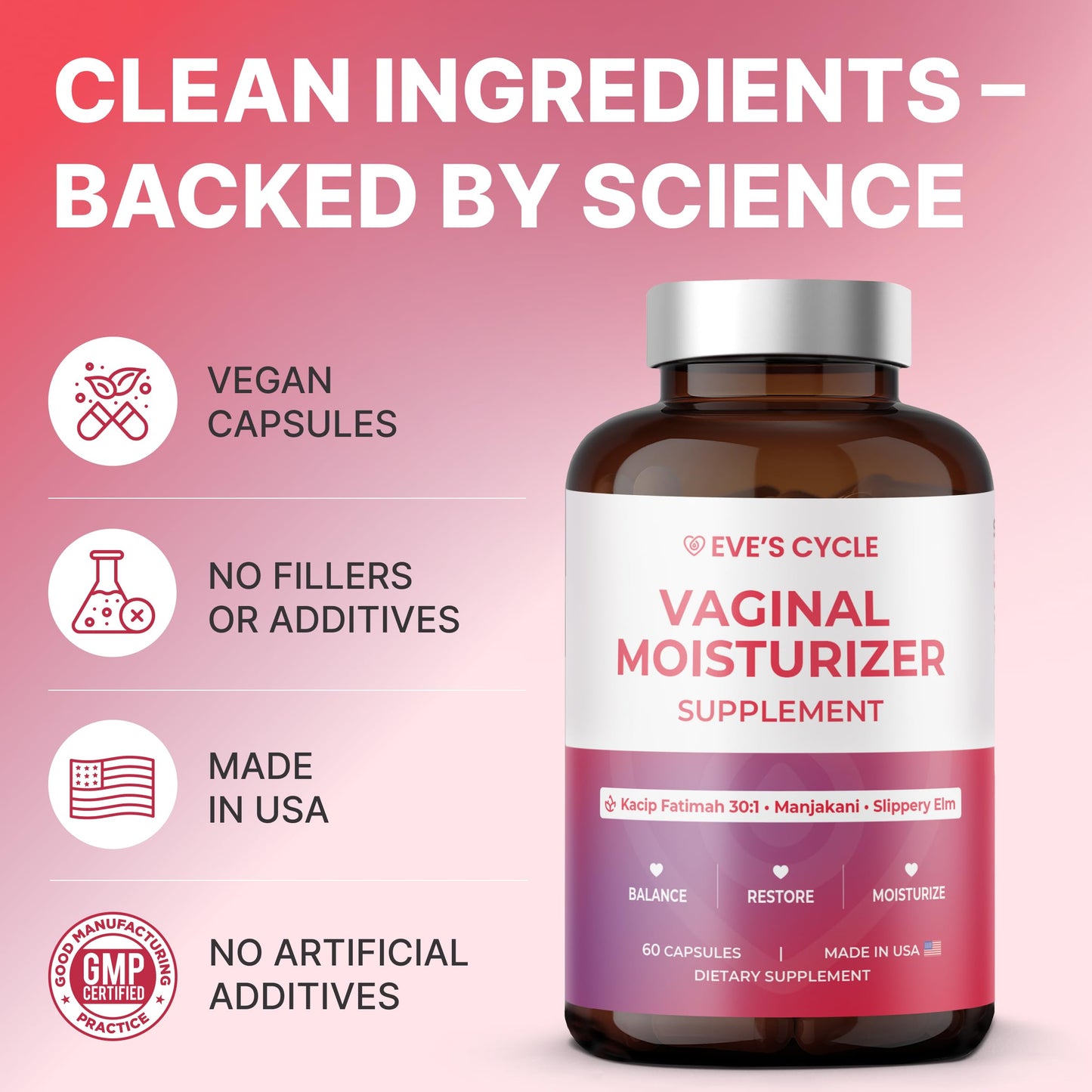 Eve's Cycle Vaginal Moisture + Tightening Supplement - Kacip Fatimah, Slippery Elm for Women, Manjakani for Vaginal Dryness - 60 Vegan Capsules - Made in USA