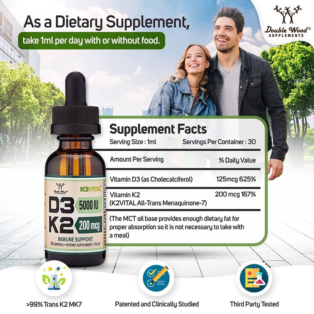 Vitamin D3 K2 5,000 IU Liquid Drops (5,000 IU of D3 and 200mcg of 99.9% All-Trans Patented K2 MK-7 (K2Vital)) Max Absorption Liquid Vitamin D Drops (30 Servings) by Double Wood