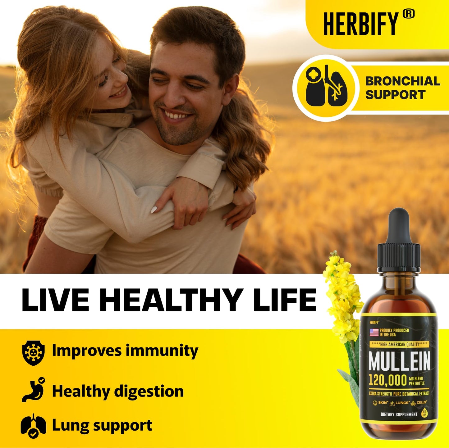 HERBIFY Mullein Drops - Lung Cleanse - Leaf Extract - Powerful Mullein for Immune Support,Detox & Respiratory Support - Made in USA - Herbal Supplements - 4 Oz
