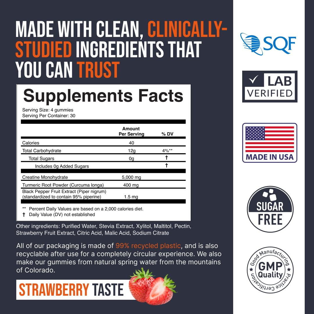 EcoWise Wellness Creatine Monohydrate Gummies 5000 mg, Fresh Strawberry Flavor, 120 Sugar-Free Vegan Chews, Creatine Supplement for Daily Routine
