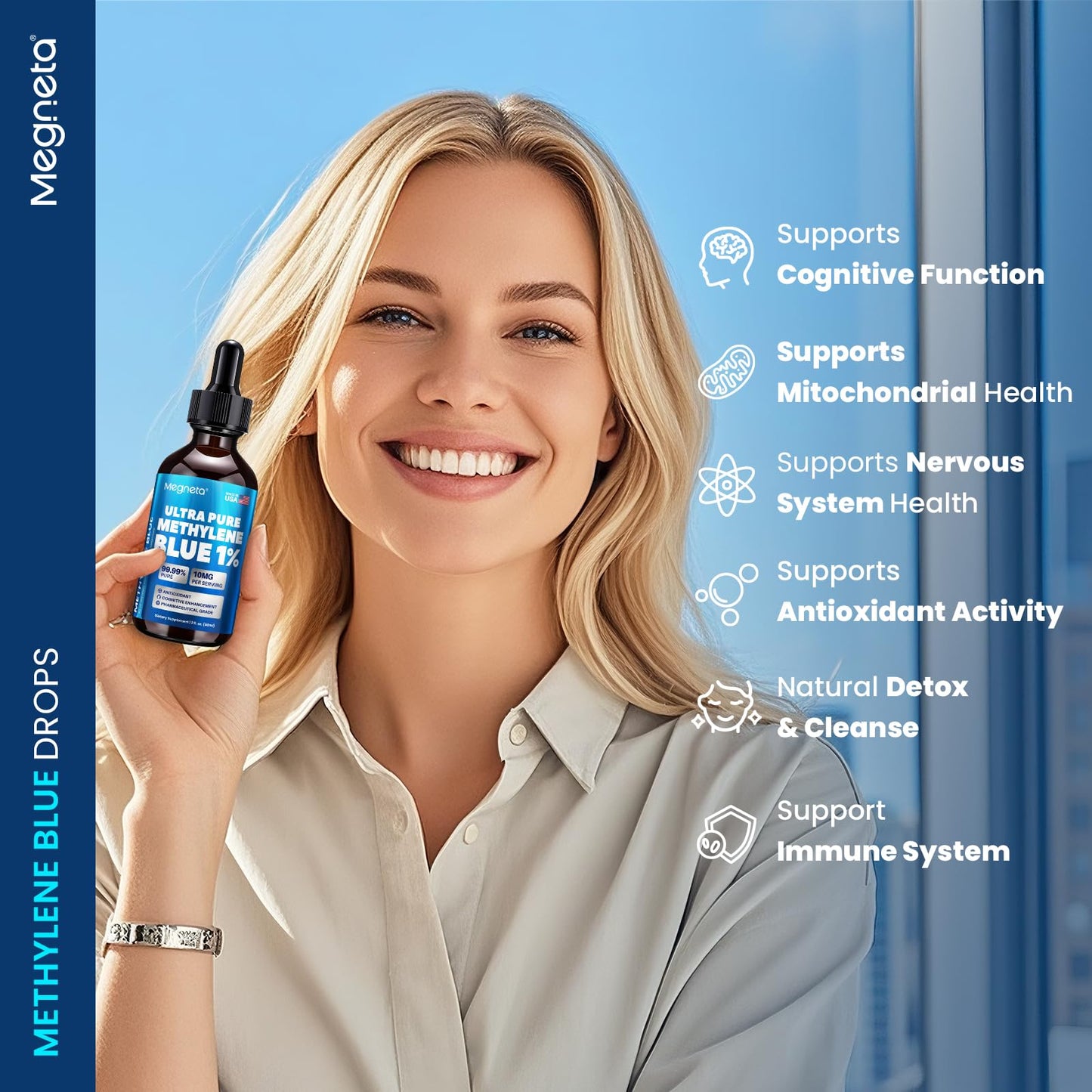 Methylene Blue Drops 1% USP, Pharmaceutical Grade Supplement for Brain & Cellular Health, No Formaldehyde, Made in USA, 2 Fl Oz