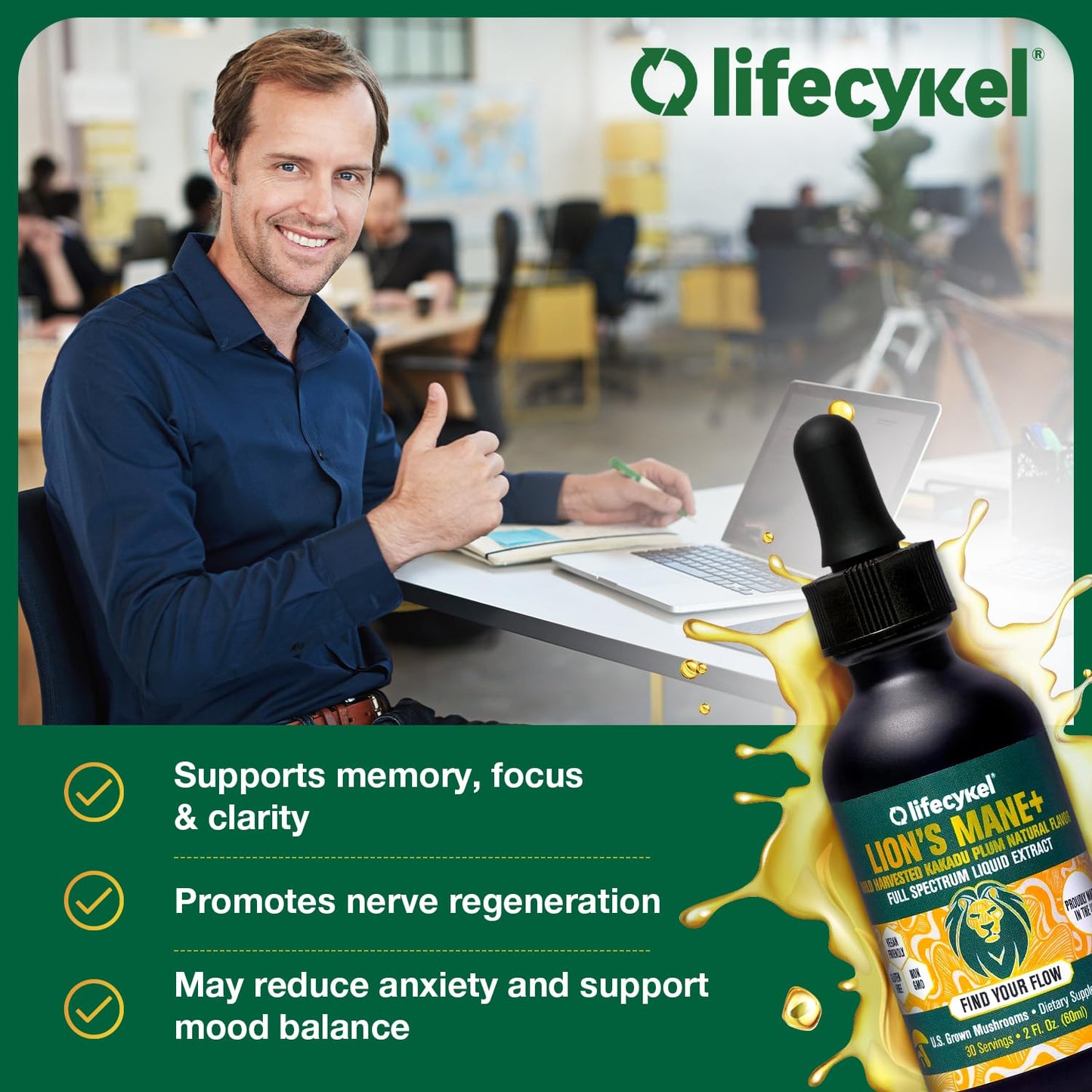 Life Cykel Cordyceps + Lions Mane Extract Performance Pack - Organic Mushroom Supplement for Energy, Focus & Mental Clarity - USA Made, Pure & Potent Mushroom Liquid Drops for Adults