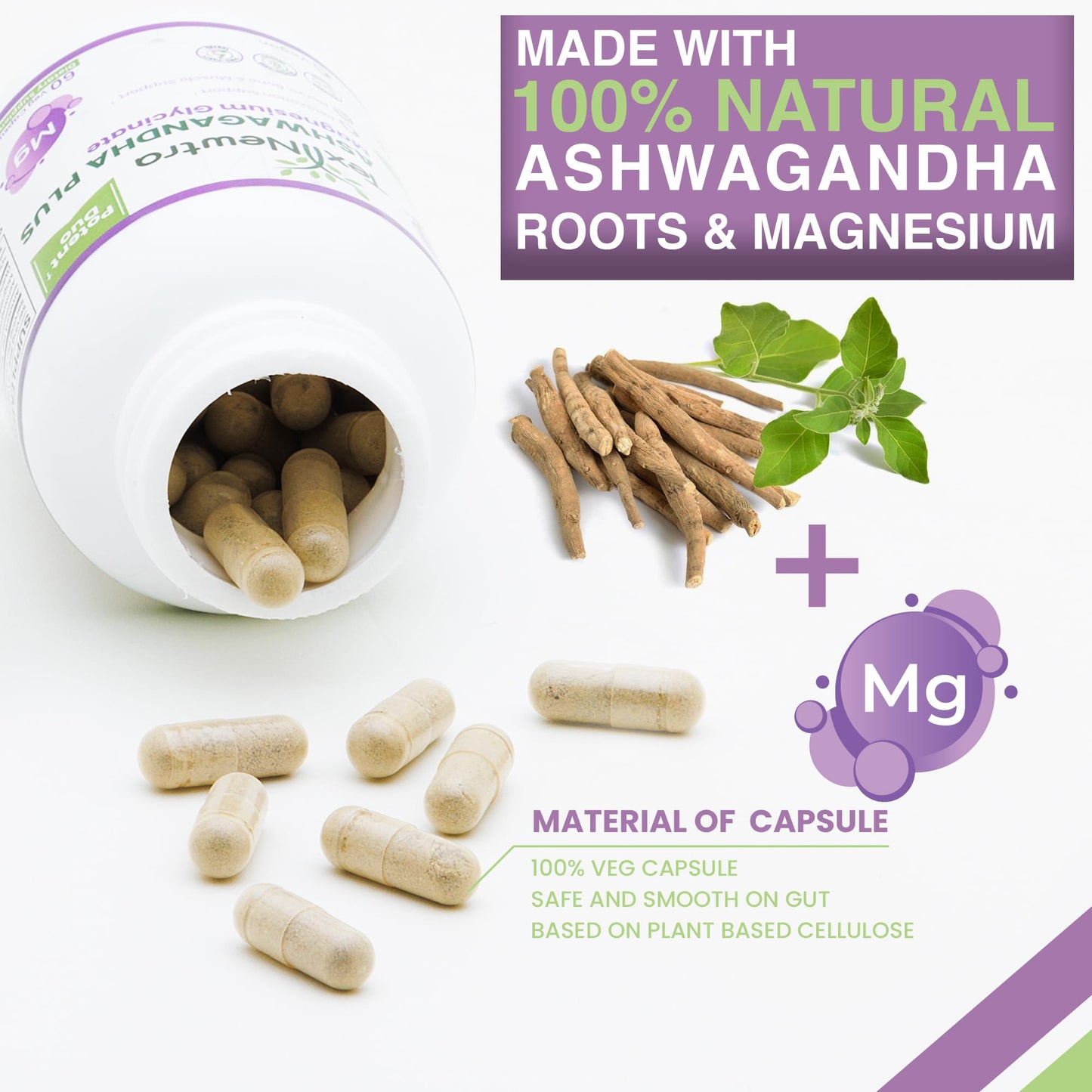 TEX NEWTRA Ashwagandha Vegan Root Extract (5% Withanolides) & Magnesium Glycinate Supplement – Non-GMO, Gluten-Free, Allergen Free and Lactose Free – 60 Capsules