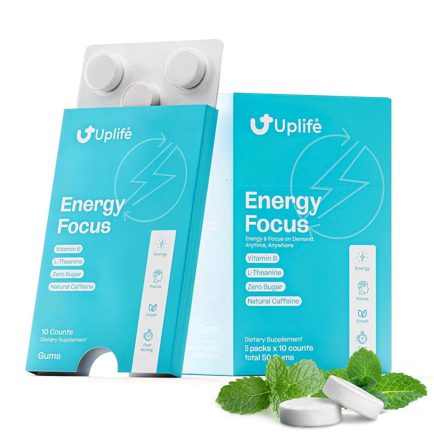 Uplife Energy + Focus Gum 50 Pieces – 40mg Caffeine + 80mg L-Theanine – Sugar-Free Nootropic Gum with B3 & B12 – Mint Flavor – Natural Caffeine for Energy & Focus – Coffee Alternative