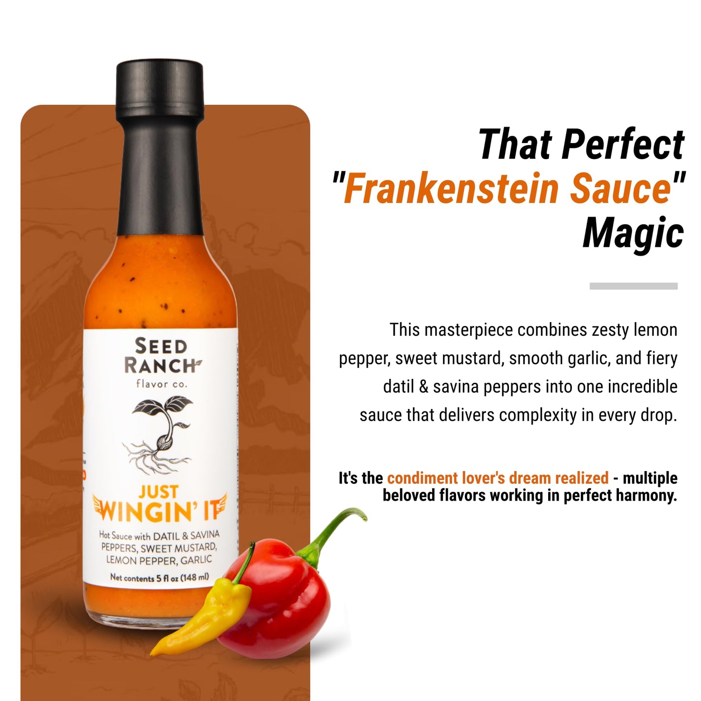 Seed Ranch Just Wingin' It Hot Sauce, 5 fl oz., Medium Heat, Datil and Savanna Peppers, Small-Batch Organic Gourmet Sauces, Vegan, Non-GMO, Gluten-Free, As Seen on Hot Ones S27