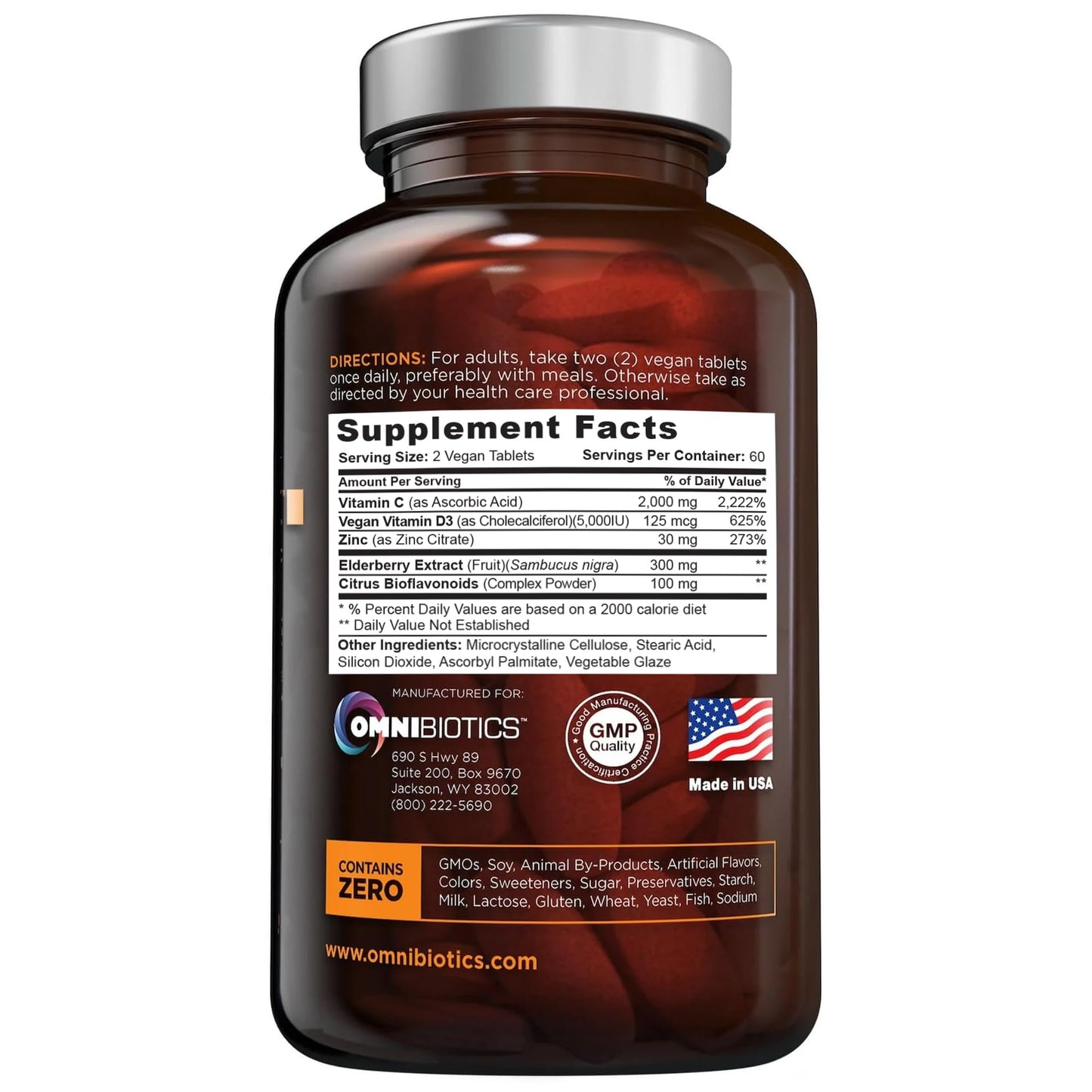OmniBiotics Ultimate Vitamin C Supplement 2000mg β with Zinc, Elderberry Extract, and D3 β High Potency Immune Support & Collagen Booster β 120 Vegan Tablets