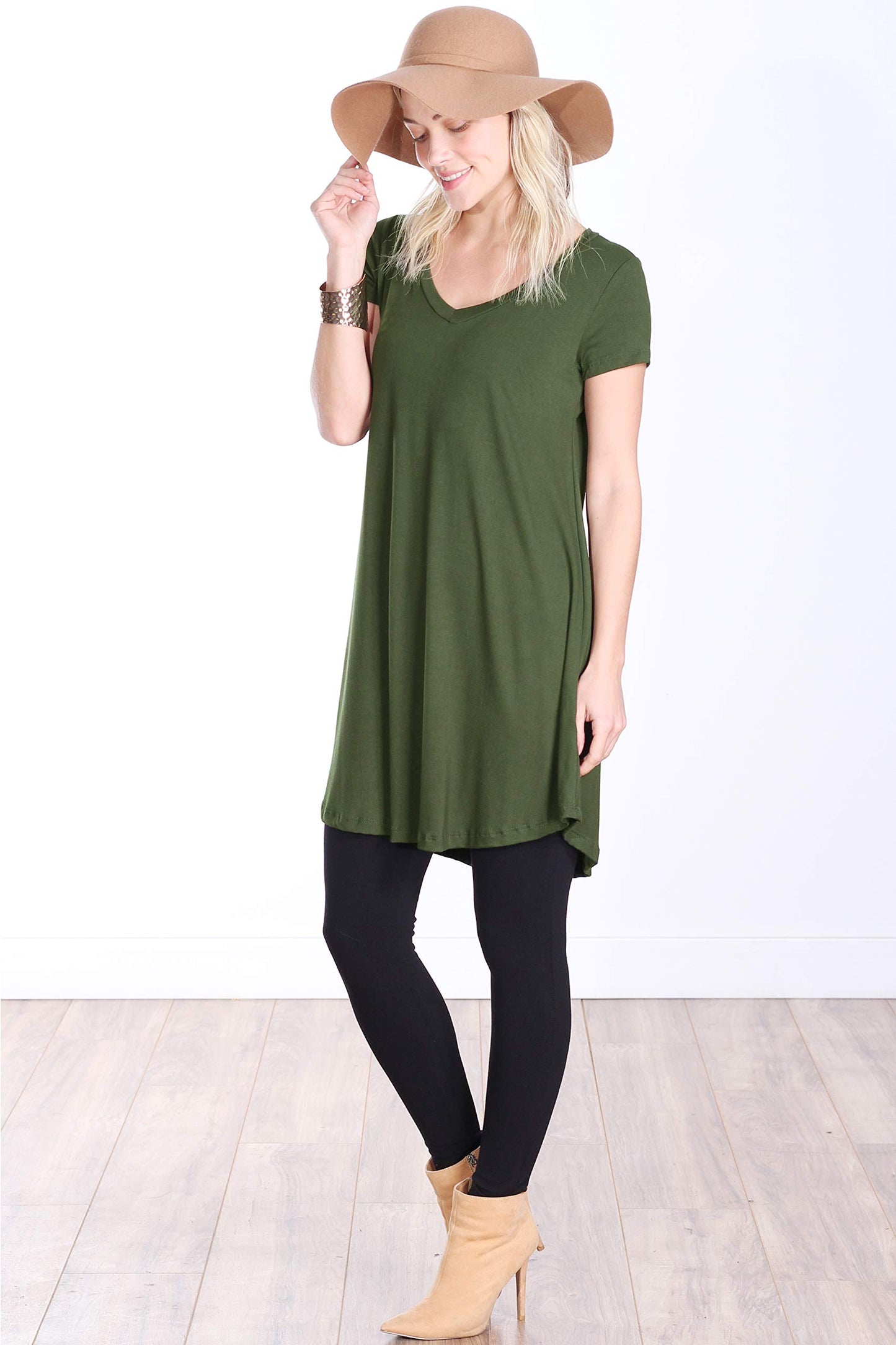 Popana Womens Short Sleeve Summer Tunic Tops to Wear with Leggings Loose Fit Made in USA Olive