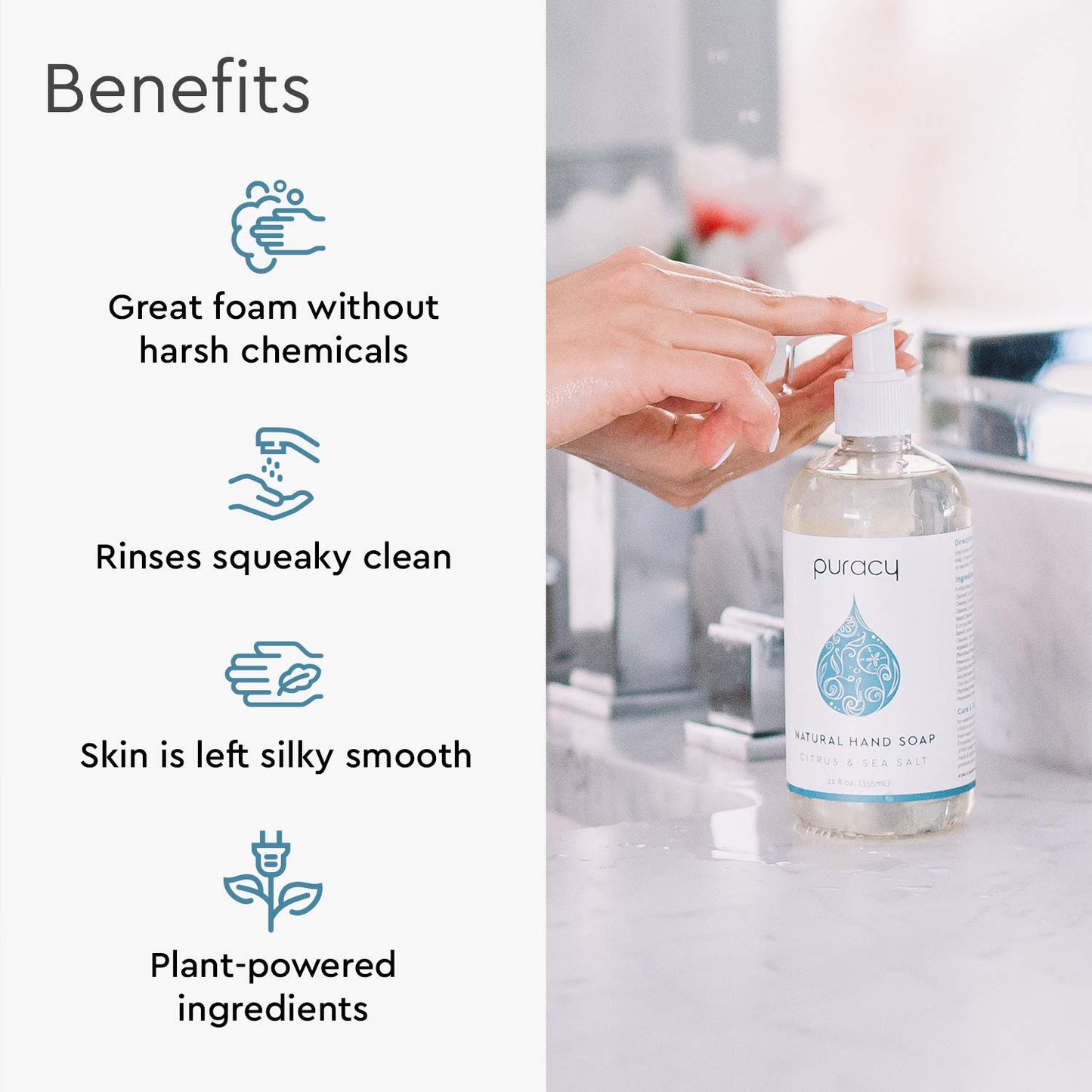 Puracy Organic Hand Soap, For the Professional Hand Washers We’ve All Become, Moisturizing Natural Hand Soap, Liquid Hand Soap for Soft Skin - Hand Wash/Liquid Soap (Sea Salt & Citrus - 4pk 355ml)