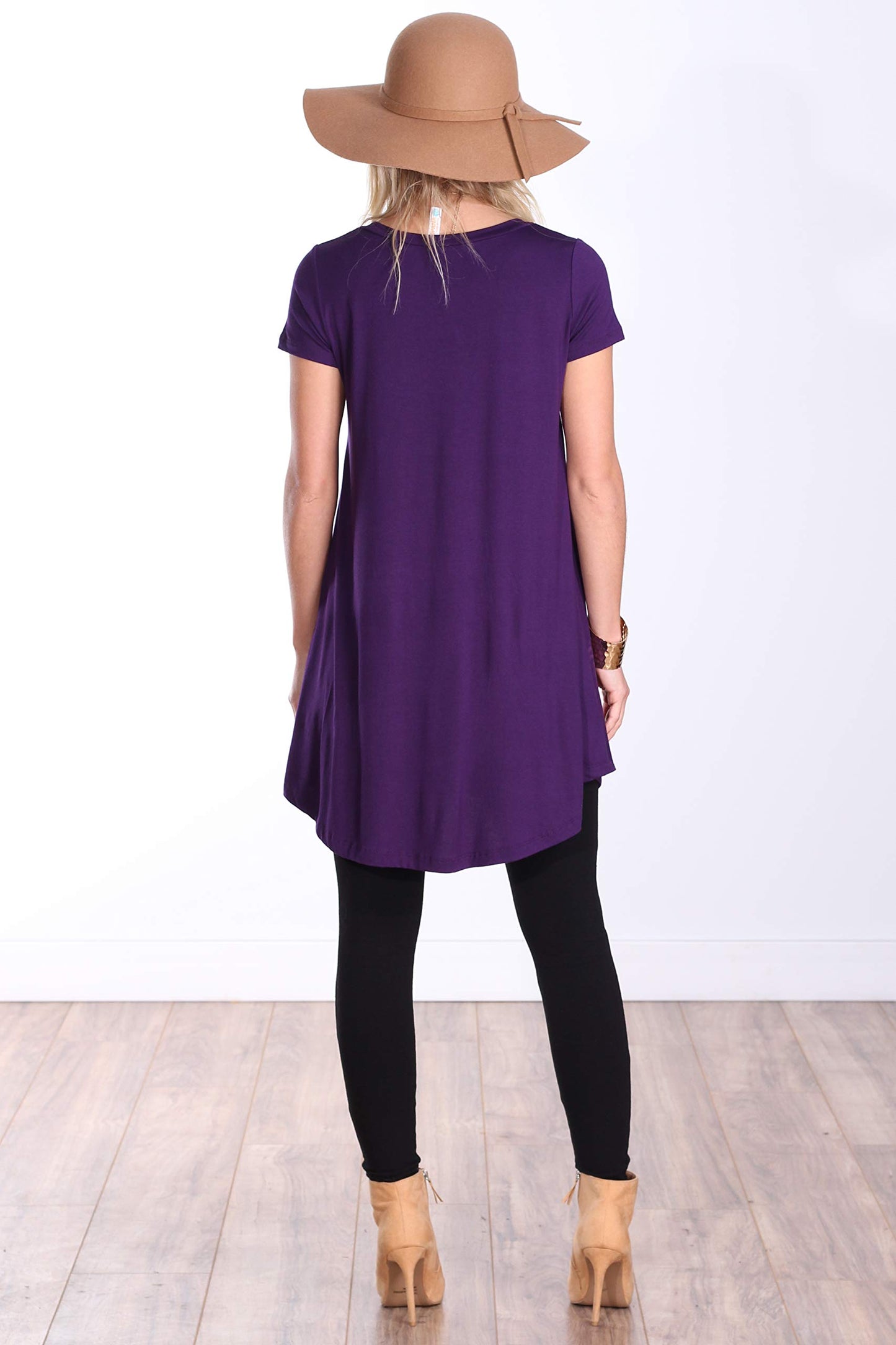 Popana Womens Short Sleeve Summer Tunic Tops to Wear with Leggings Loose Fit Made in USA Eggplant