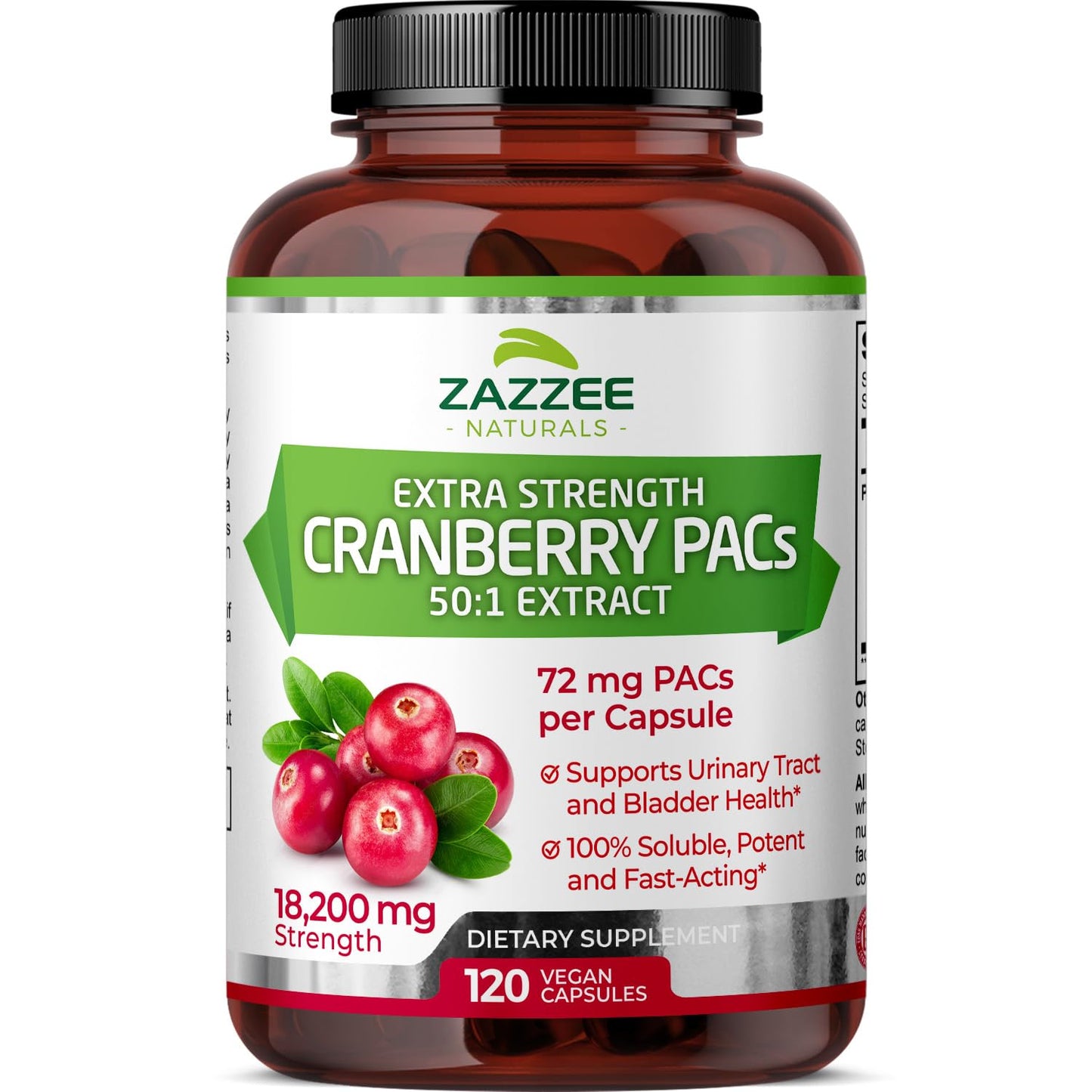 Zazzee Cranberry PACs, 72 mg PACs per Capsule, 2X Strength, 100% Soluble, 120 Vegan Capsules, 50:1 Extract, 18,200 mg Strength, Fast-Acting, Effective Urinary Tract UTI Support, Made in The USA