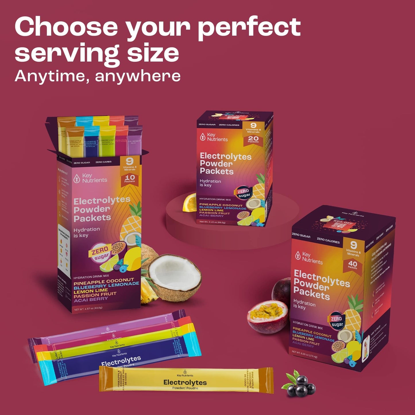 KEY NUTRIENTS Electrolytes Powder Packets No Sugar - 5 Delicious Flavors in Hydration Packets 20 Pack - No Calories, Gluten Free Electrolytes Powder Packets, Non GMO, Made in USA