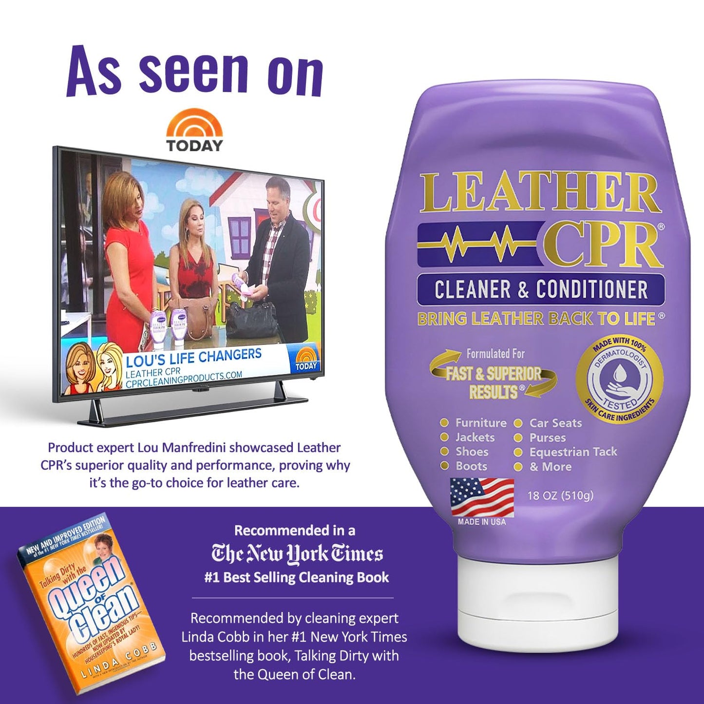Leather CPR Cleaner and Conditioner - Made in USA, Leather Furniture Cleaner and Conditioner for Couch, Purses, Shoes, Jackets, Cars, Leather Restore
