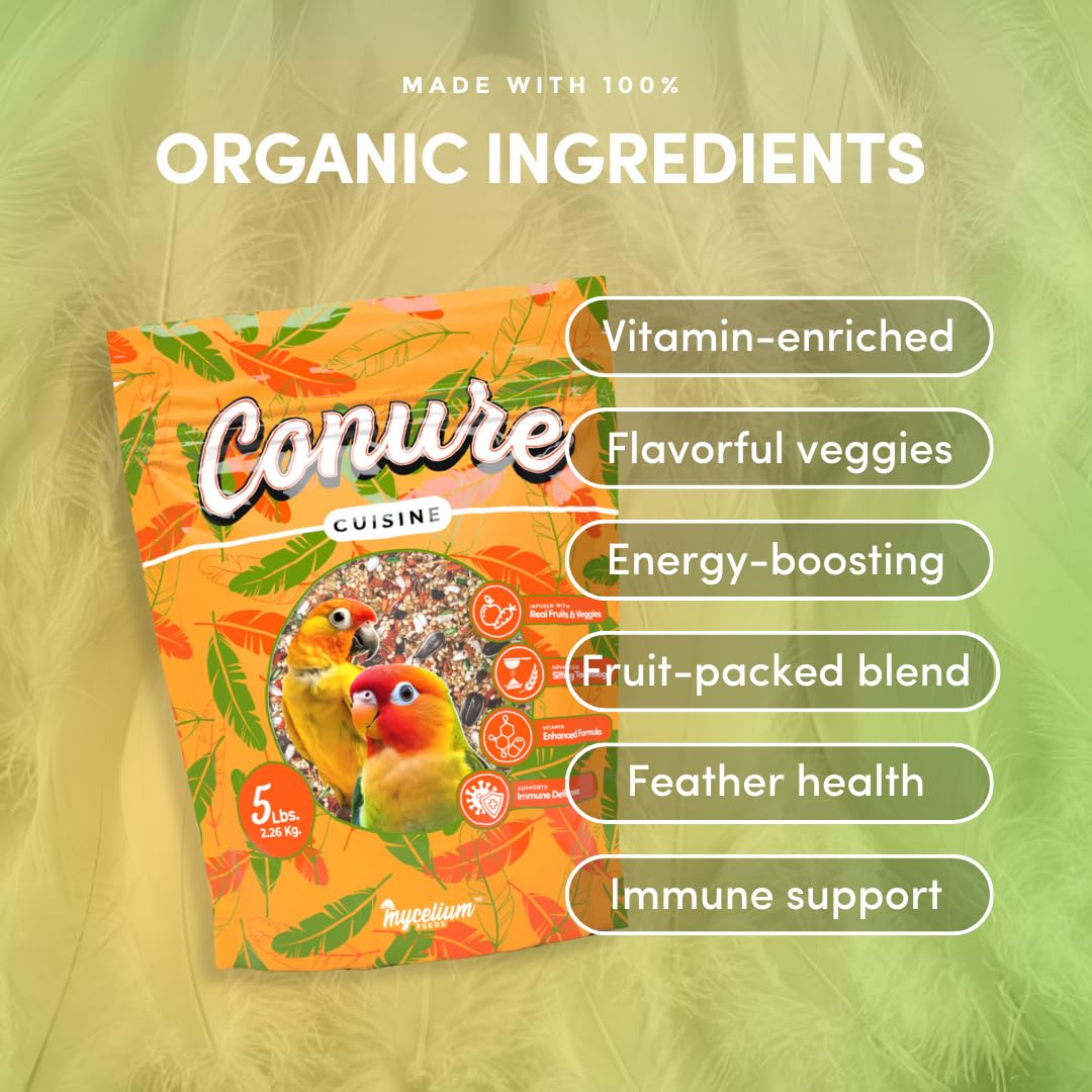 Mycelium Organic Conure Cuisine (5 LB Bag) | Fruit & Veggie Bird Seed w/Added Vitamins | Balanced Daily Nutrition for Immunity & Feather Health | Non-GMO, No Fillers or Additives, Made in USA