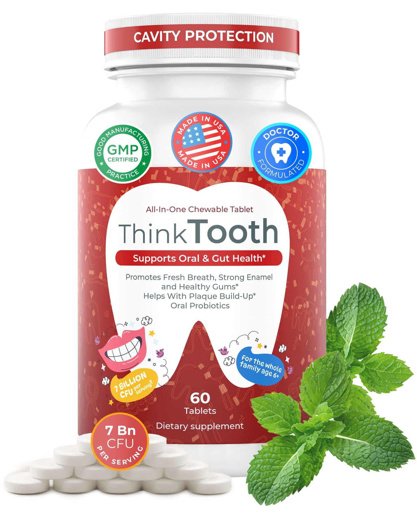 Think Tooth 60 Chewable Tablets, Oral Probiotics for Mouth Bad Breath Treatment for Adults, 5 Strains 7 Billion CFU, Doctor Formulated Oral Probiotics for Teeth & Gums, Fresh Breath, Chronic Halitosis