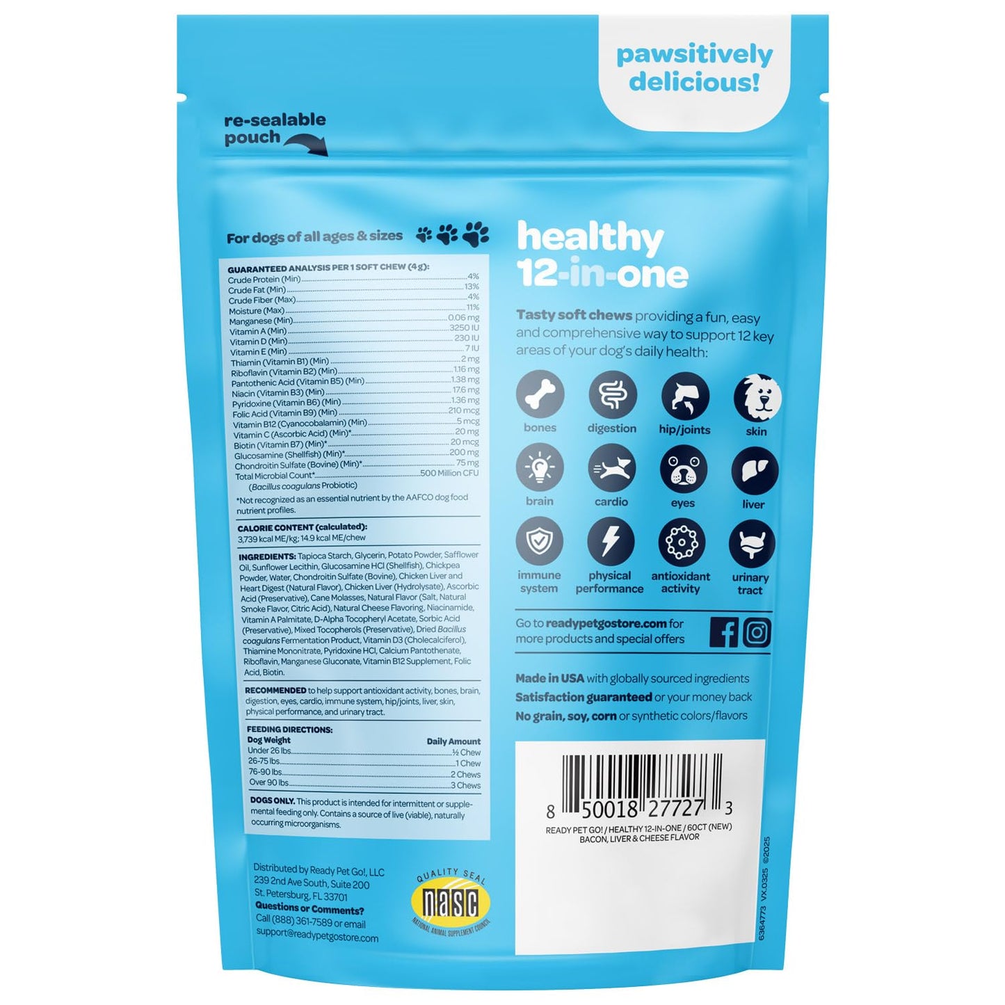 12-in-1 Complete Multivitamin for Dogs | Dog Multivitamin Chewable with Glucosamine Chondroitin & Digestive Probiotics for Dogs of All Ages and Sizes | NASC Certified & Made in The USA | 60 Chews